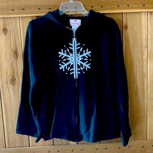 Woman’s Black Hoodie With Snowflake Design By Quaker Factory Size M